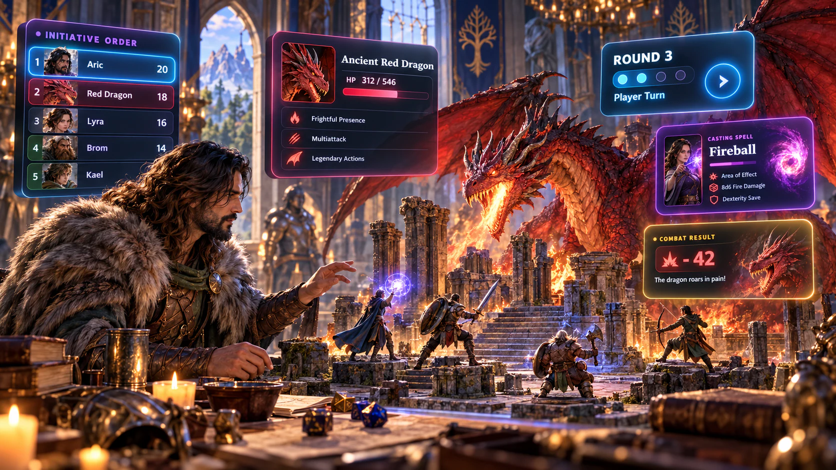 Illustrated Combat PRO workflow showing initiative, an active dragon, spell execution, round state and combat result