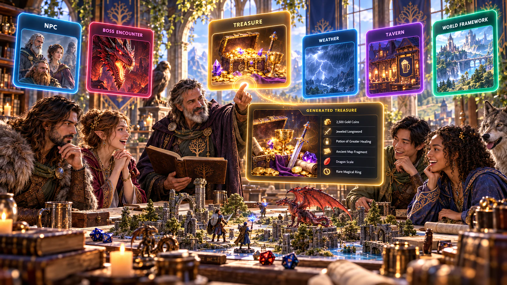 Illustrated contextual generator workflow showing NPC, boss encounter, treasure, weather, tavern and world generators feeding a result into play
