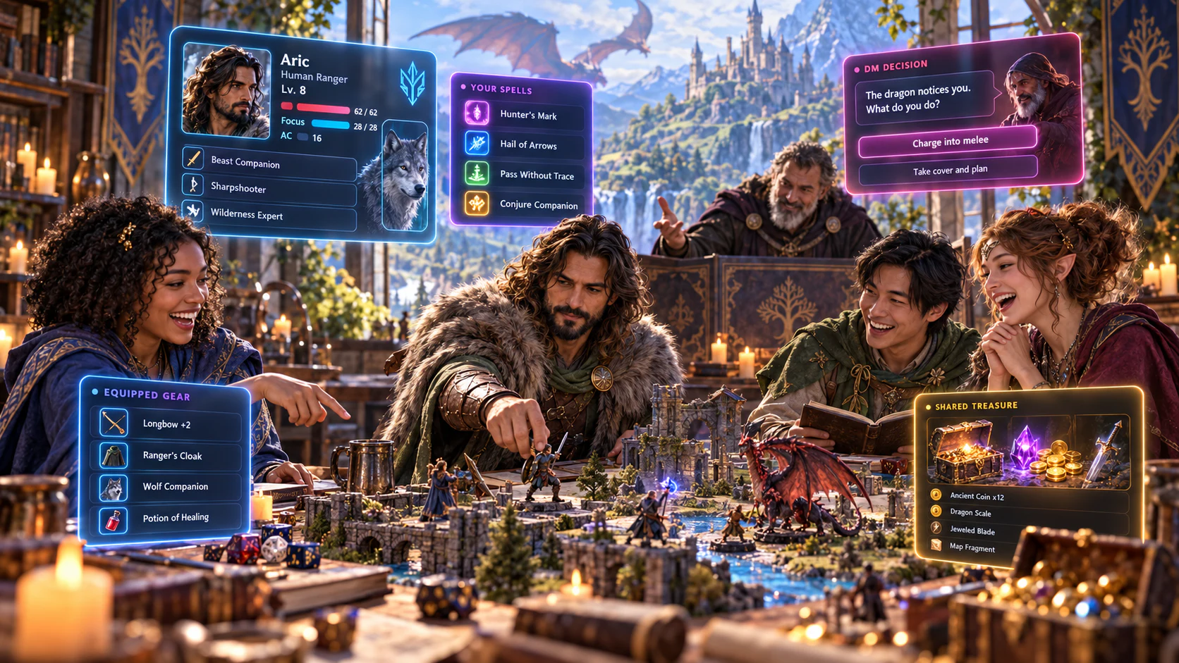 Illustrated Combat PRO player workflow showing a persistent character, spells, equipped gear, shared treasure and a private DM decision